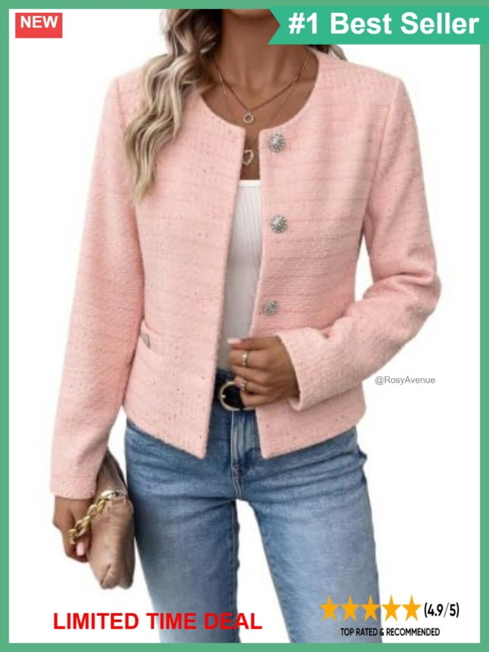 Sequin Tweed Cropped Blazer Long Sleeve Rhinestone Button Jacket
